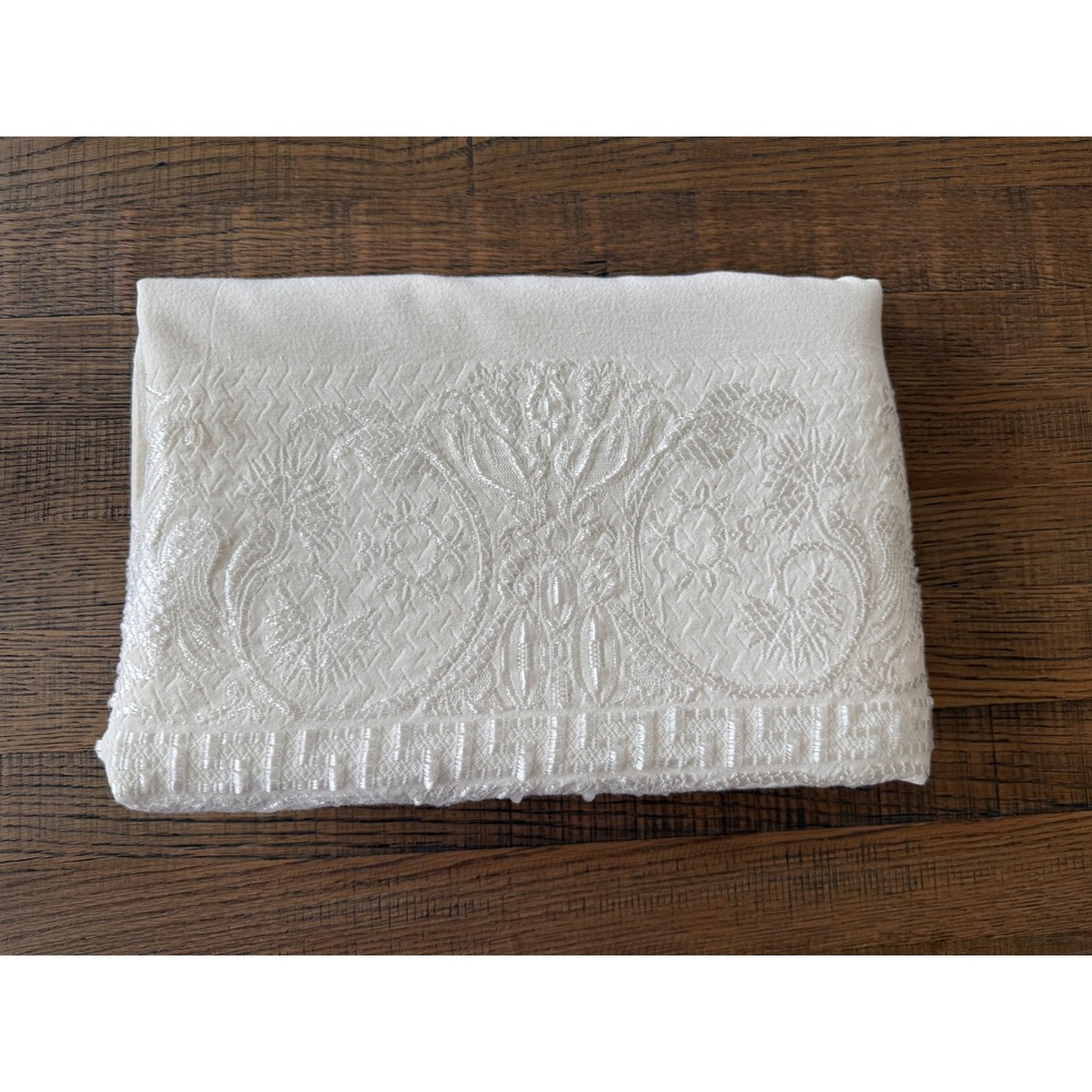 Vintage White Embroidered Tablecloth 56x74 Greek Key Floral Scrollwork Rectangle